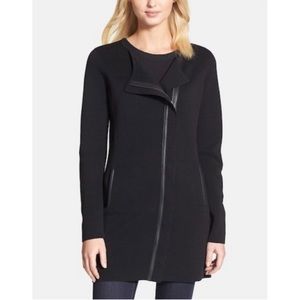 Eileen Fisher Silk Long Cardigan with Leather Trim